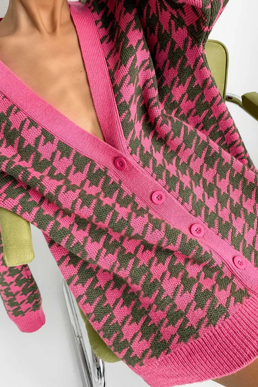 V Neck Houndstooth Contrast Mid-length Cardigans