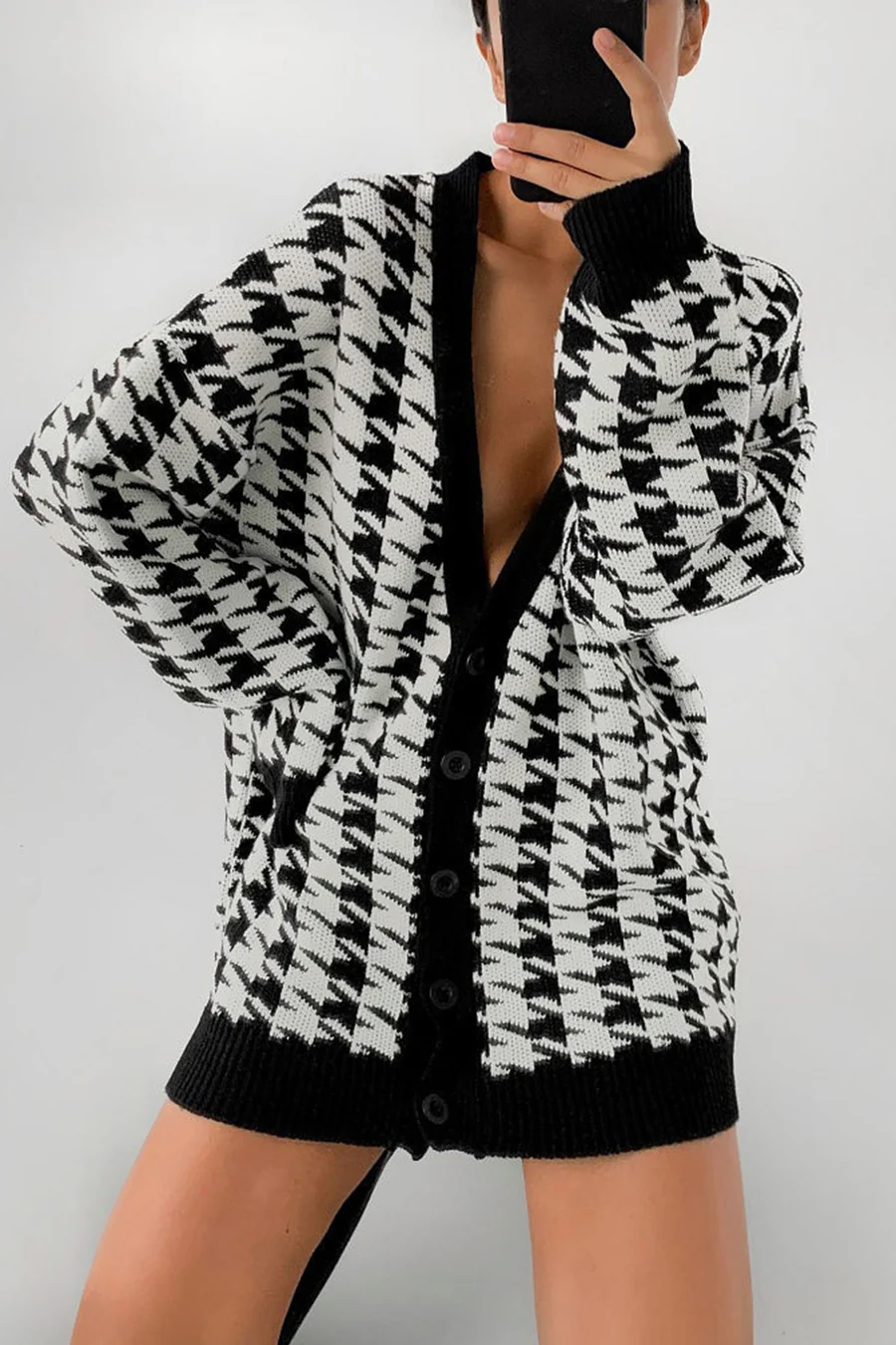 V Neck Houndstooth Contrast Mid-length Cardigans