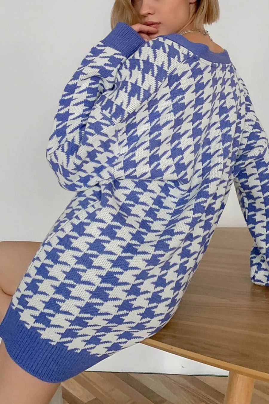 V Neck Houndstooth Contrast Mid-length Cardigans