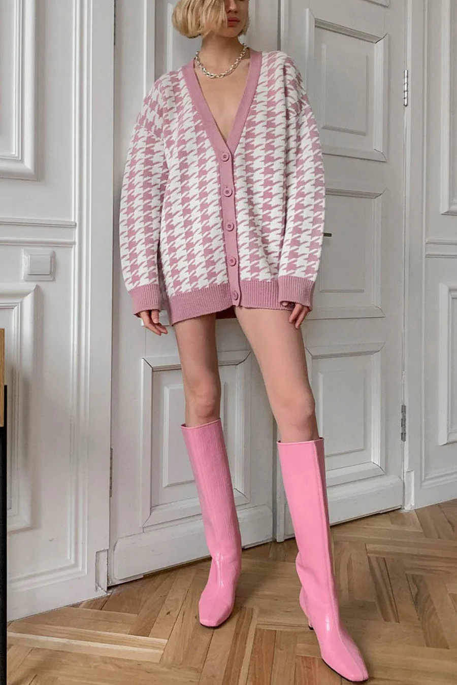 V Neck Houndstooth Contrast Mid-length Cardigans