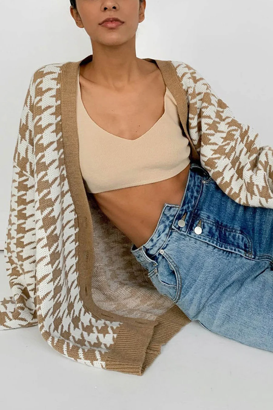 V Neck Houndstooth Contrast Mid-length Cardigans