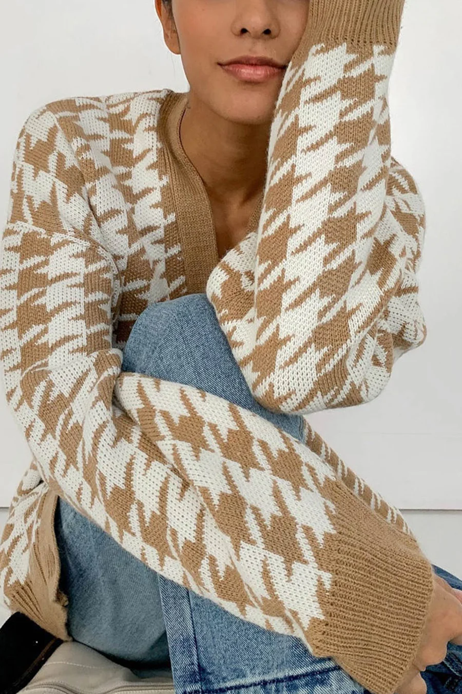 V Neck Houndstooth Contrast Mid-length Cardigans