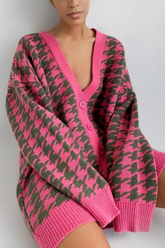 V Neck Houndstooth Contrast Mid-length Cardigans