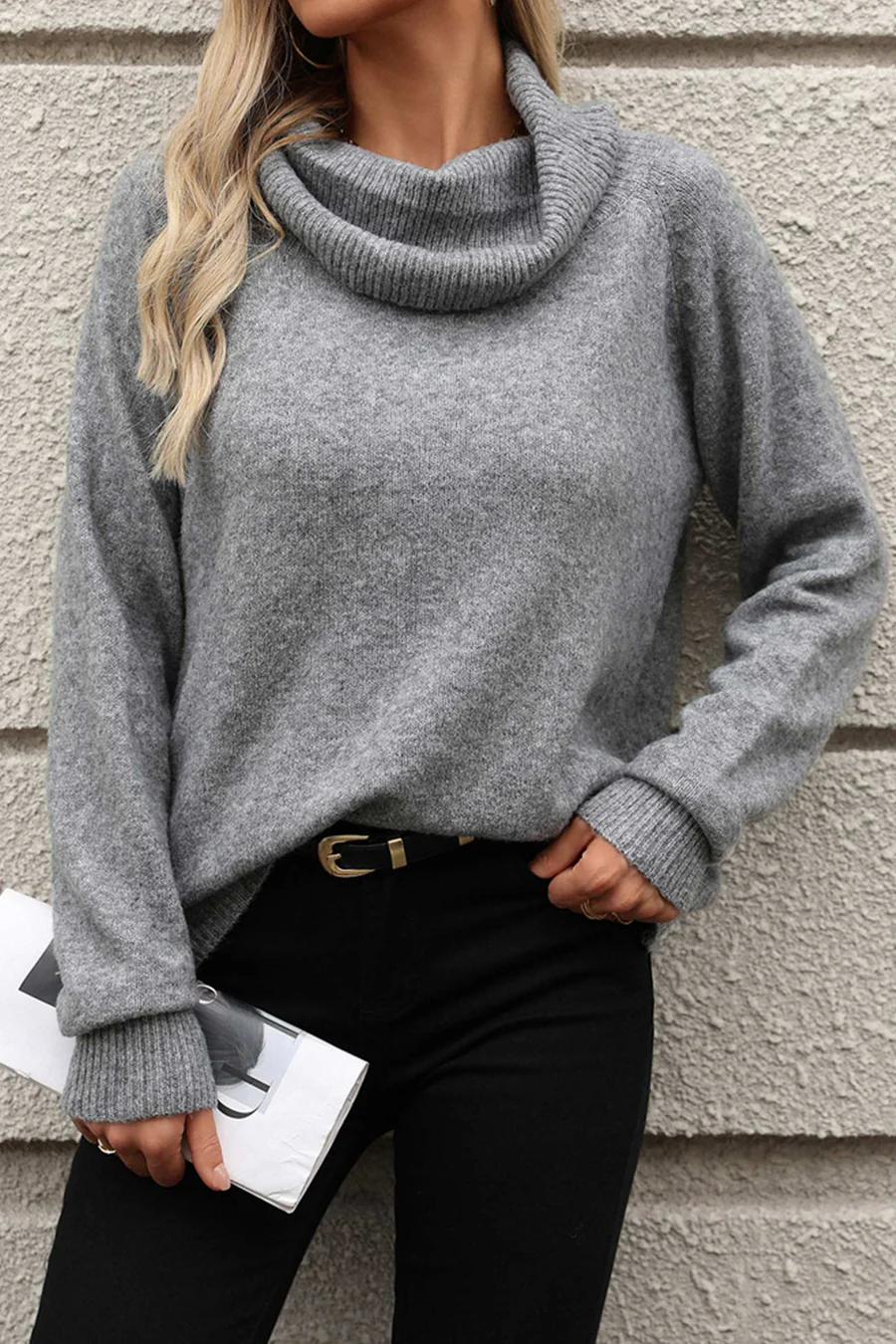Stacked Collar Solid Pullover Sweaters