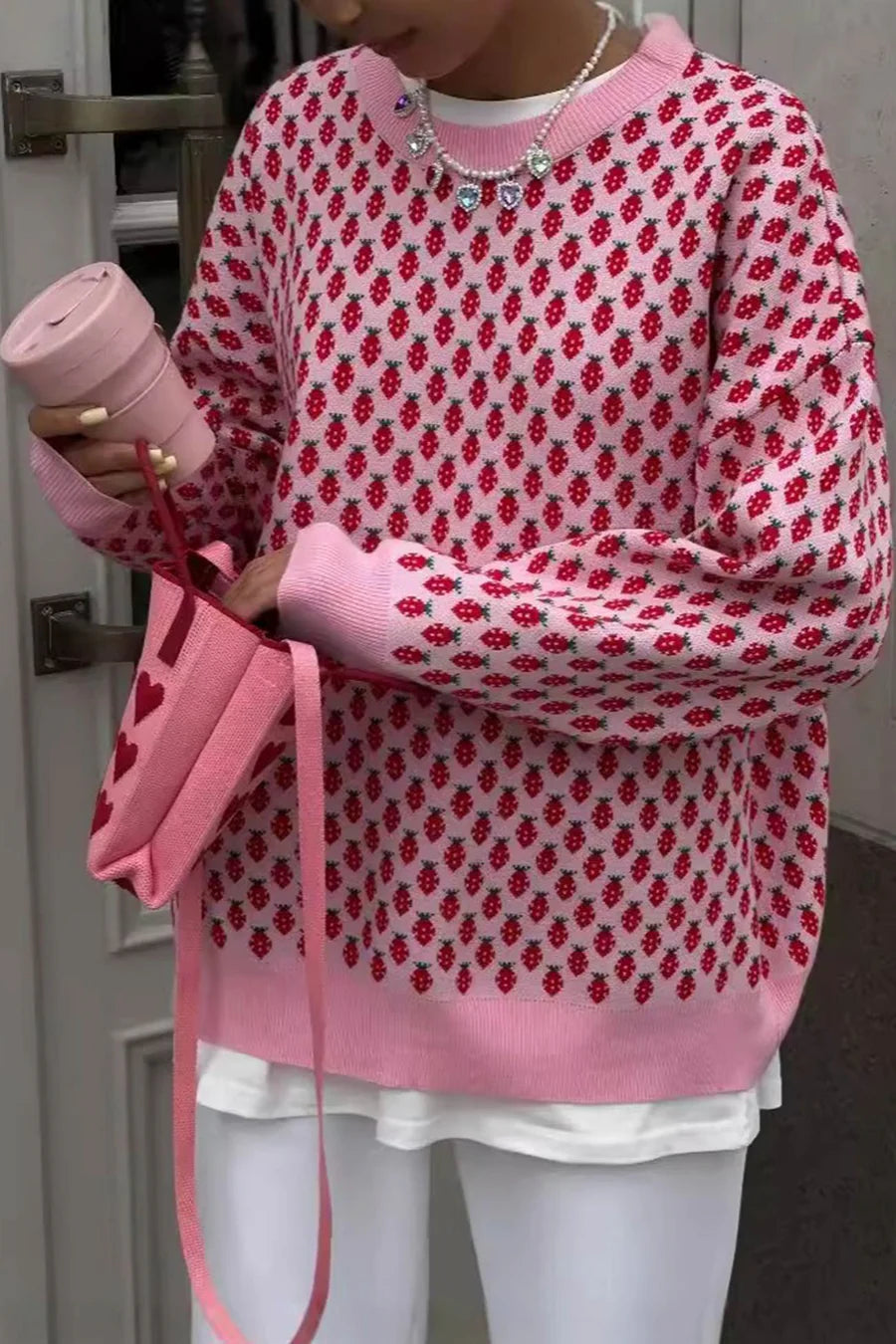 Strawberry Jacquard Cotton Pullover Sweaters