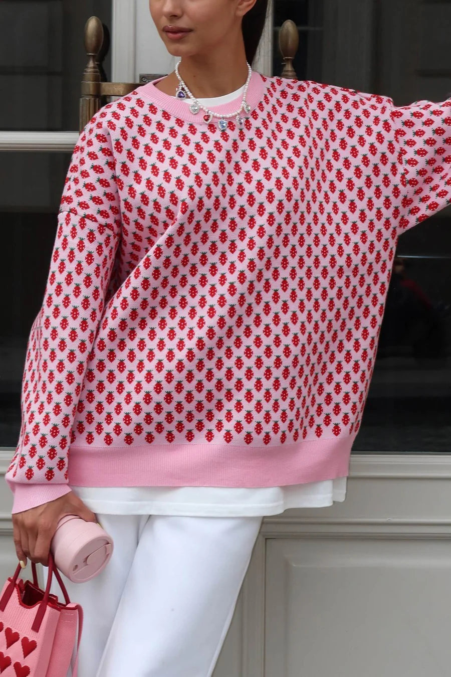 Strawberry Jacquard Cotton Pullover Sweaters