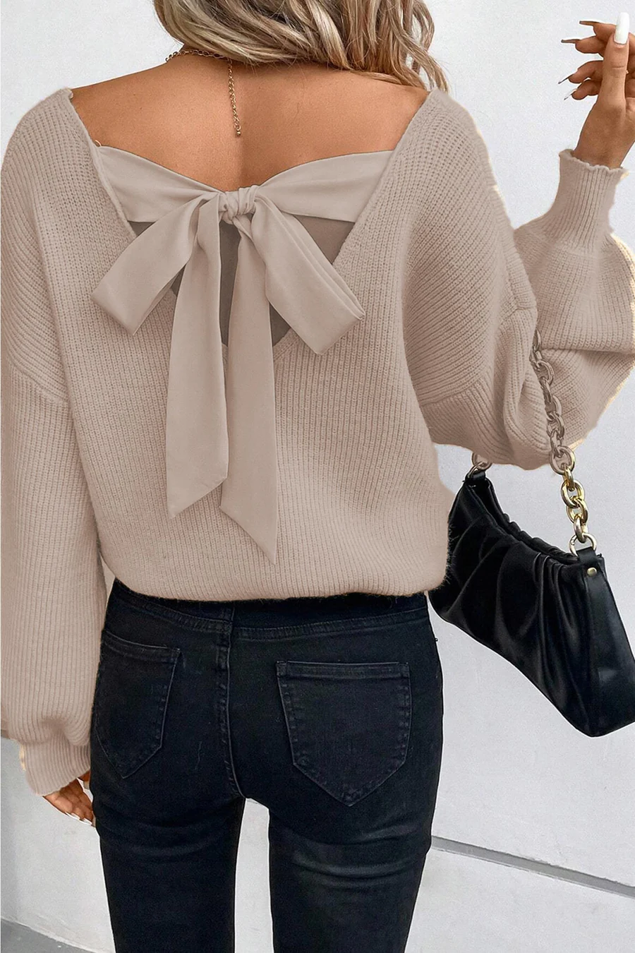 Lantern Sleeve V Neck Back Bow-knot Sweaters