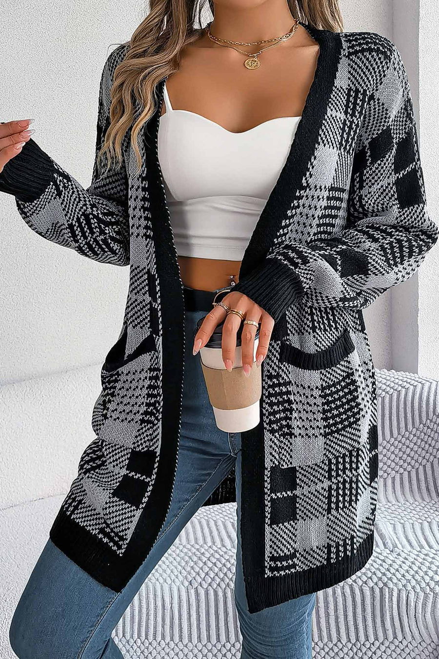 Contrast Plaid Open Front Cardigans