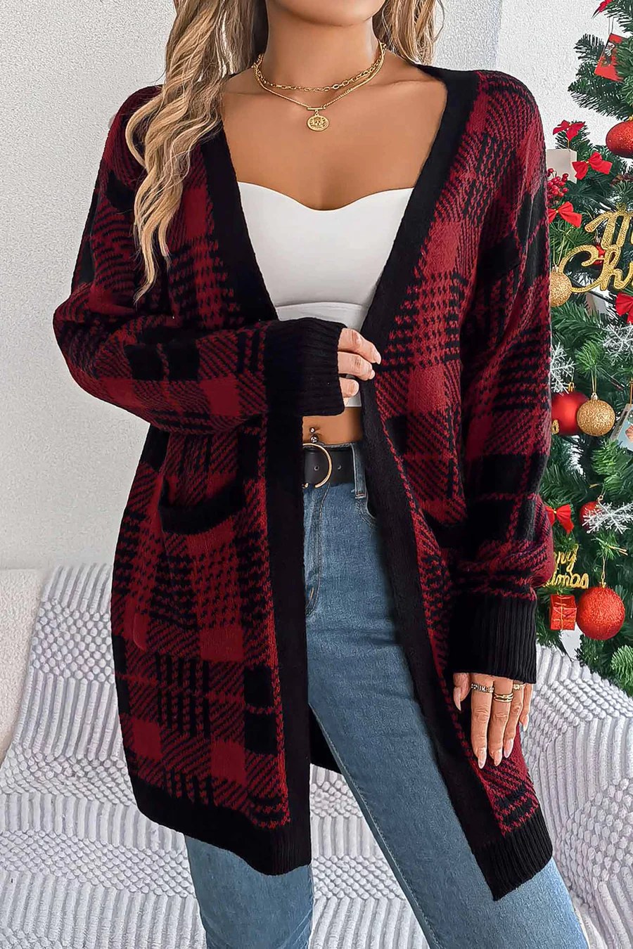 Contrast Plaid Open Front Cardigans