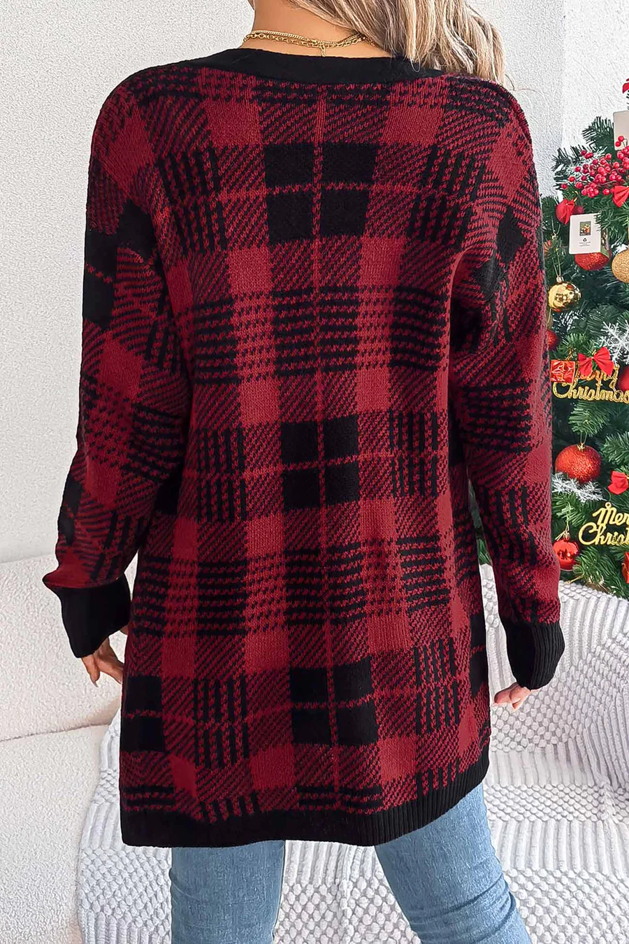 Contrast Plaid Open Front Cardigans