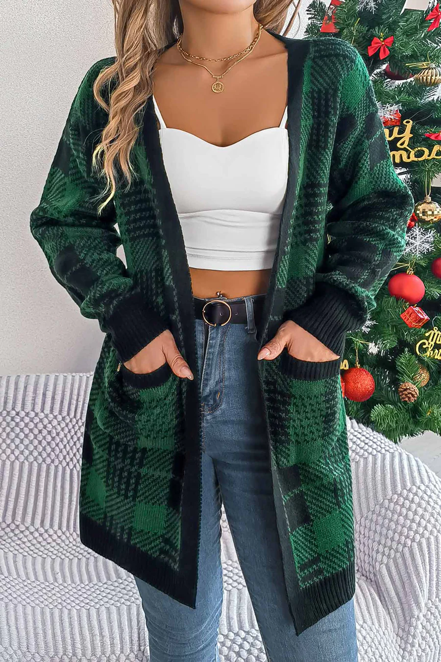Contrast Plaid Open Front Cardigans
