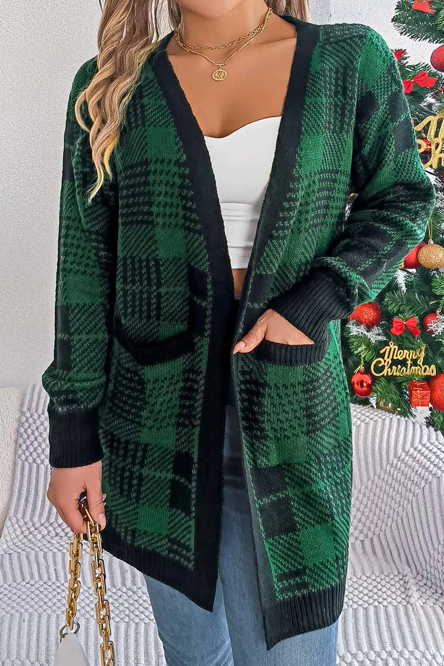 Contrast Plaid Open Front Cardigans
