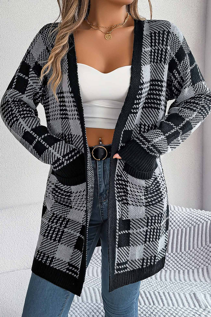 Contrast Plaid Open Front Cardigans