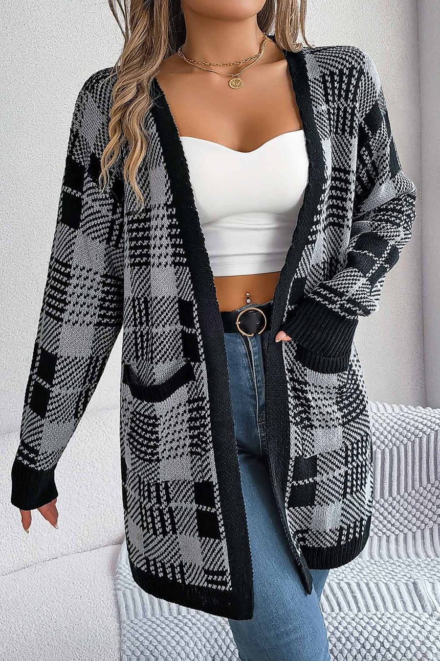 Contrast Plaid Open Front Cardigans