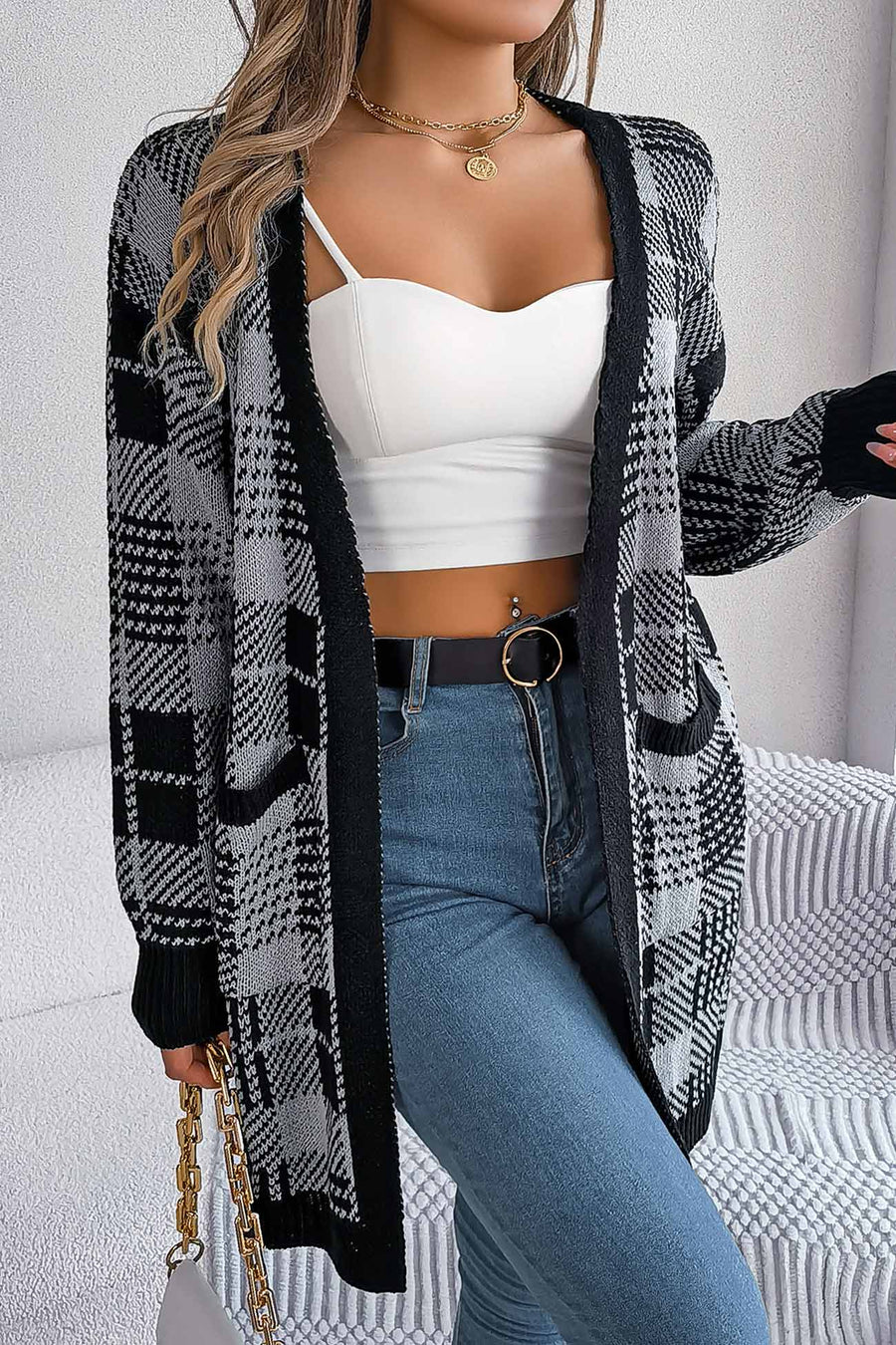 Contrast Plaid Open Front Cardigans