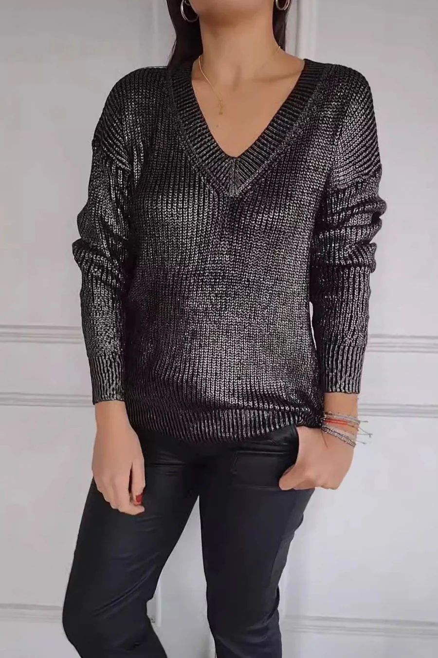 V Neck Bright Silk Pullover Sweaters