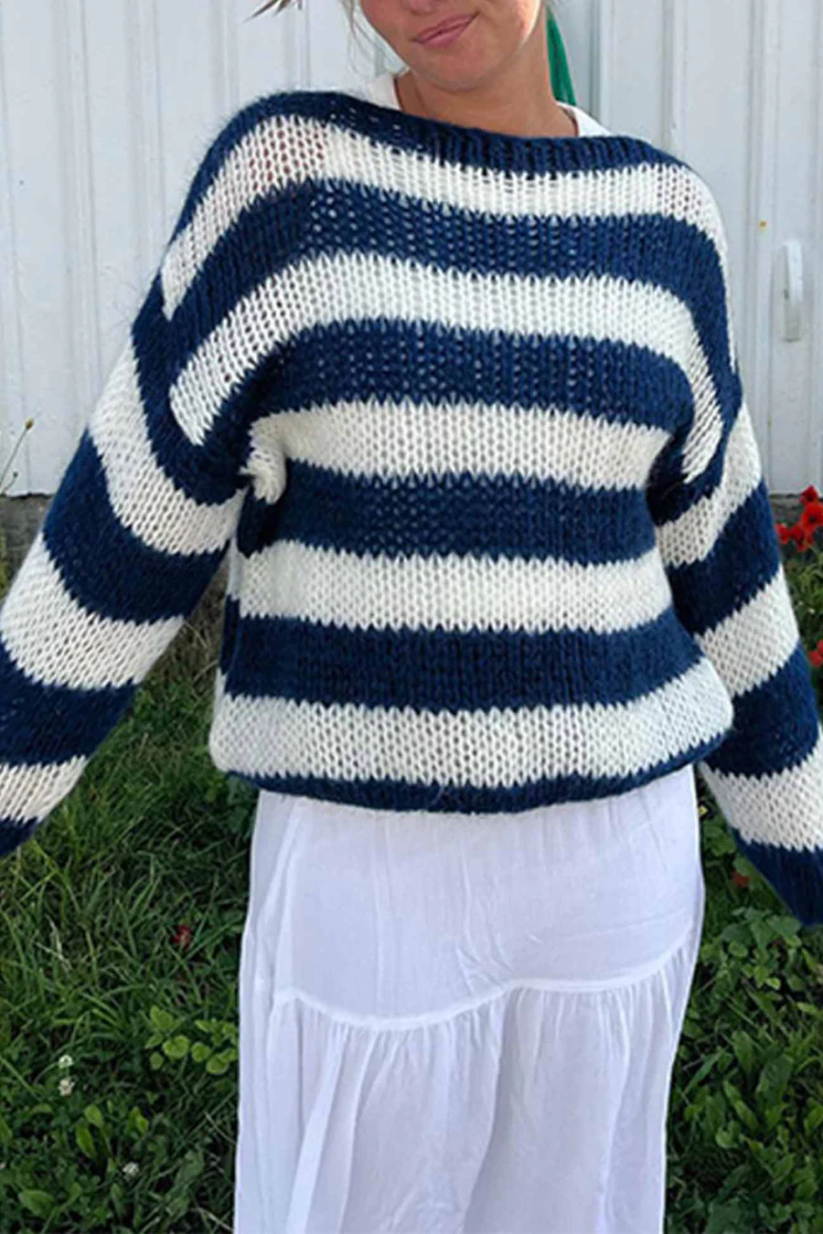 Striped Drop Shoulder Long Sleeve Knit Sweaters