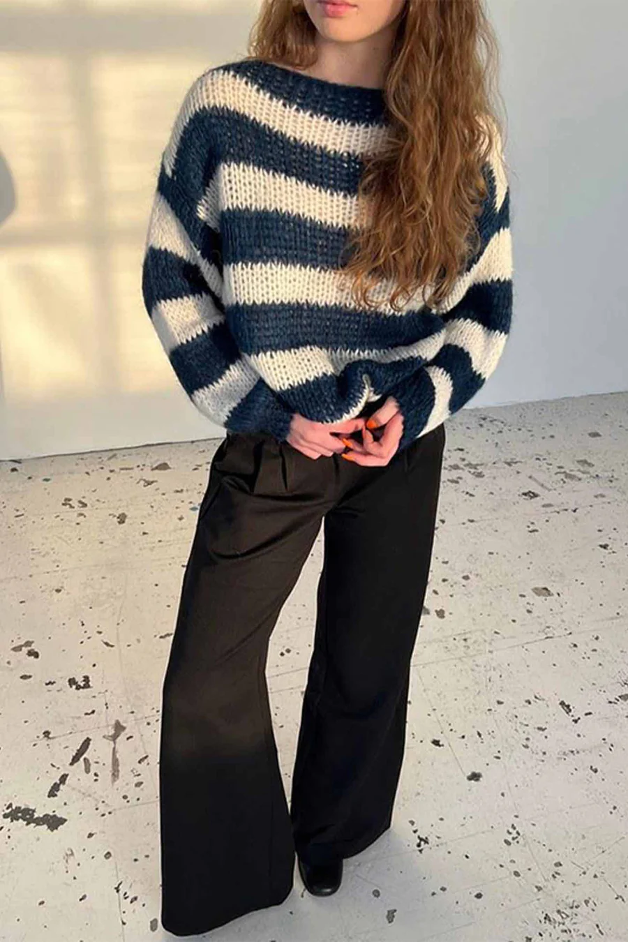 Striped Drop Shoulder Long Sleeve Knit Sweaters