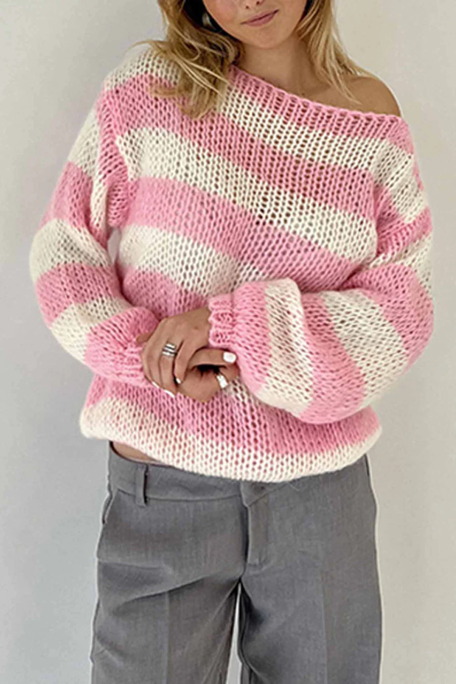 Striped Drop Shoulder Long Sleeve Knit Sweaters