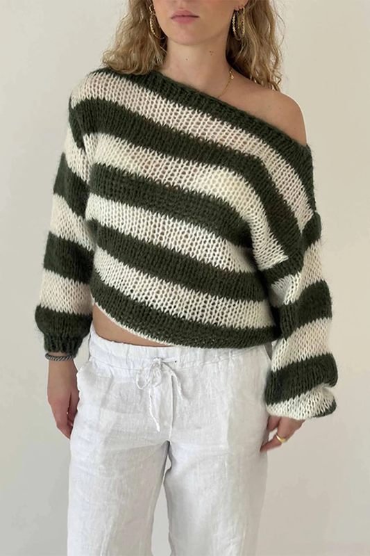 Striped Drop Shoulder Long Sleeve Knit Sweaters