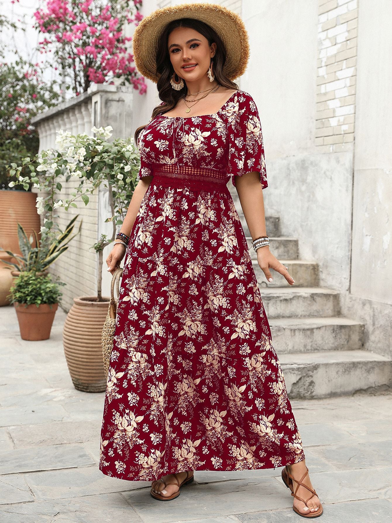 Retro Square Neck Print Plus Size Short Sleeve Dresses