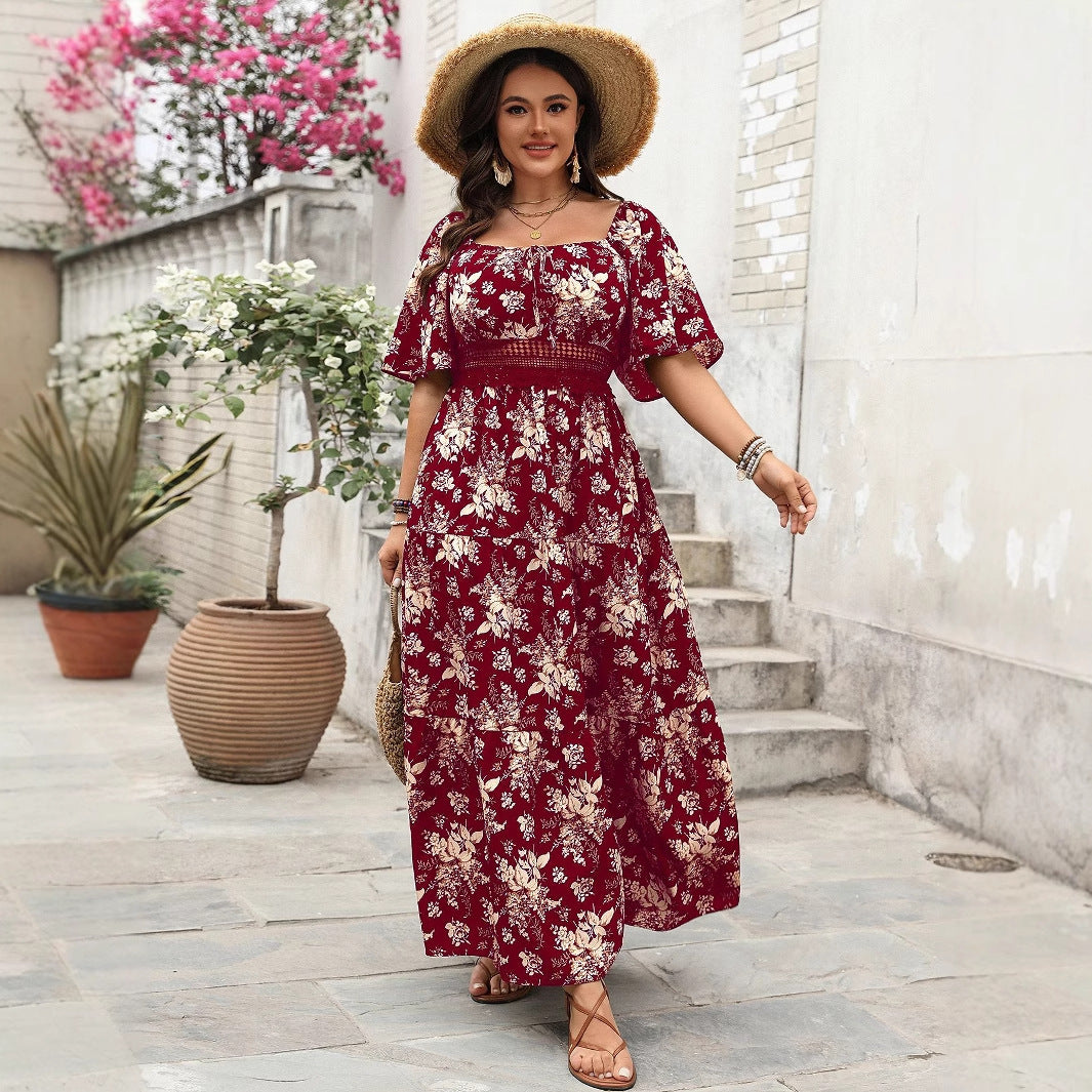Retro Square Neck Print Plus Size Short Sleeve Dresses