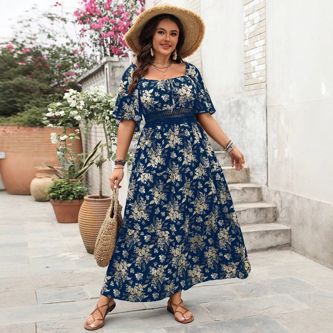 Retro Square Neck Print Plus Size Short Sleeve Dresses
