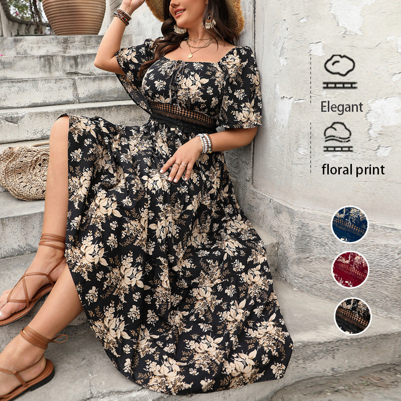 Retro Square Neck Print Plus Size Short Sleeve Dresses